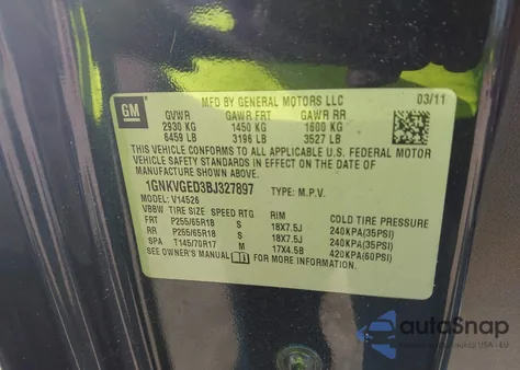 2011 Chevrolet Traverse 1Lt from USA, damaged, VIN 1GNKVGED3BJ327897